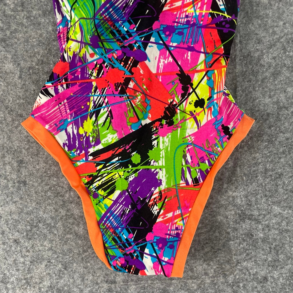 Unbranded Neon Splatter Bodysuit Womens S 80s Rave Festival Lace Up Plunge - Picture 7 of 7